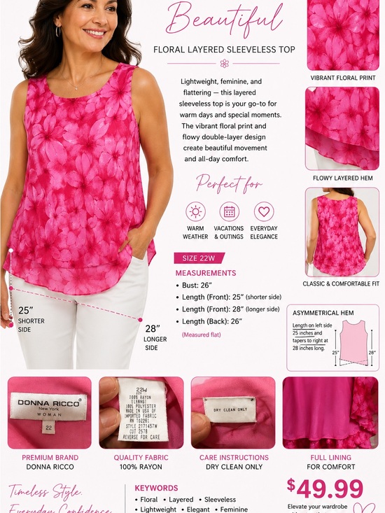 Donna Ricco Tops - Donna Ricco Hot Pink Floral Sleeveless Layered blouse
